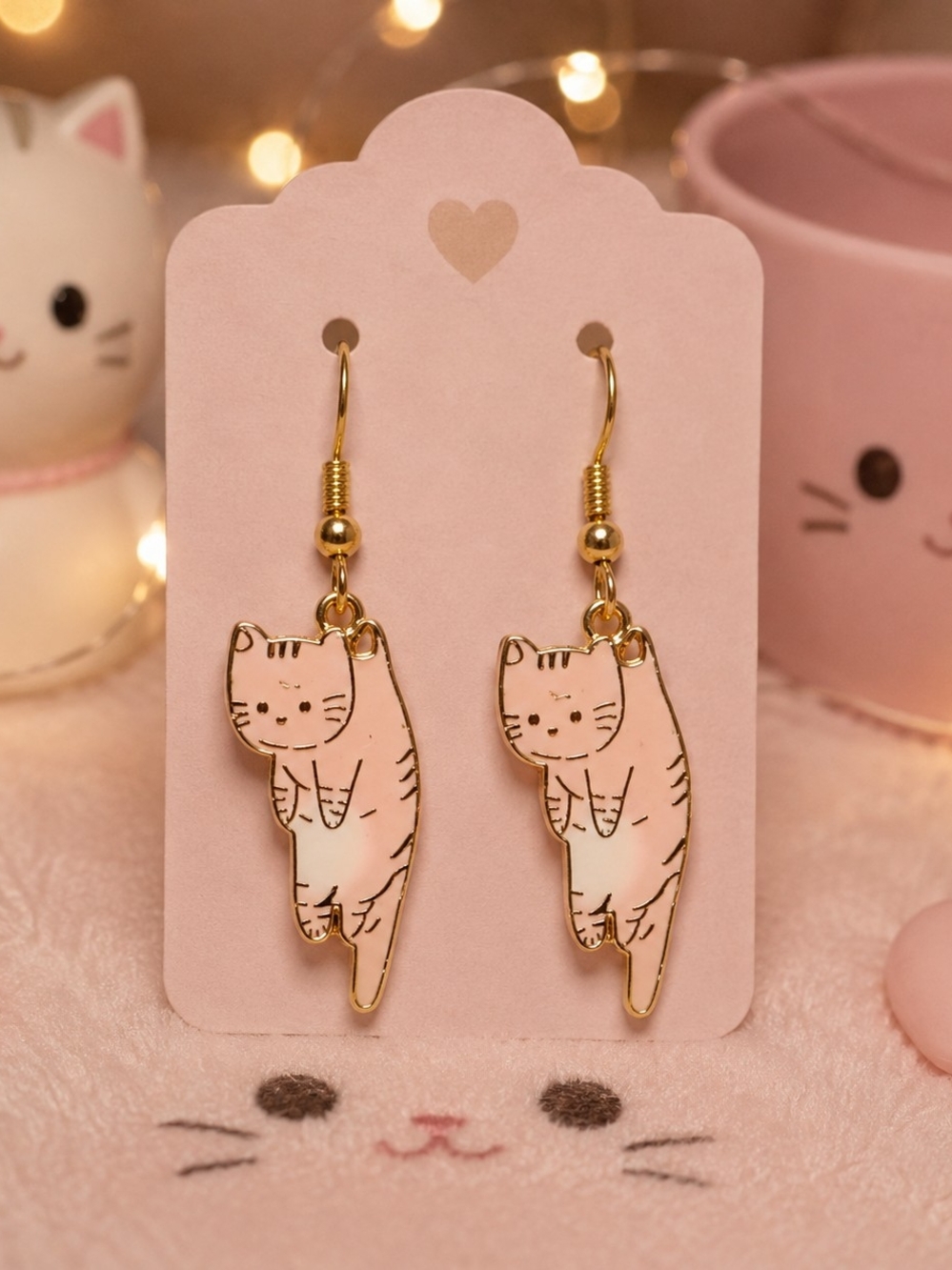 Cute Gold-Tone Cat Dangle Earrings – Kawaii Kitty Jewelry New